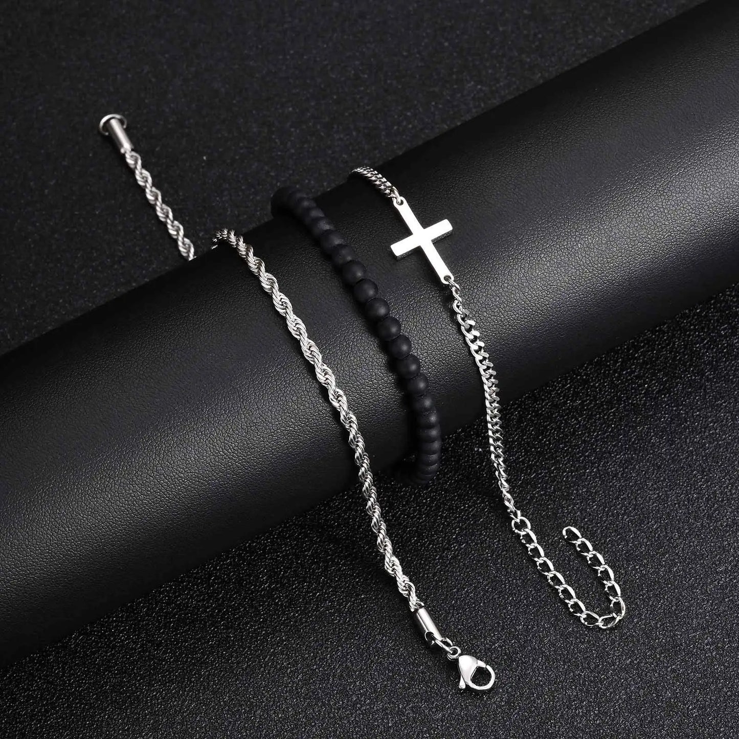 3pcs Stainless Steel Stacked Chain Link Cross Men's Bracelet
