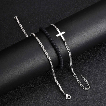 3pcs Stainless Steel Stacked Chain Link Cross Men's Bracelet