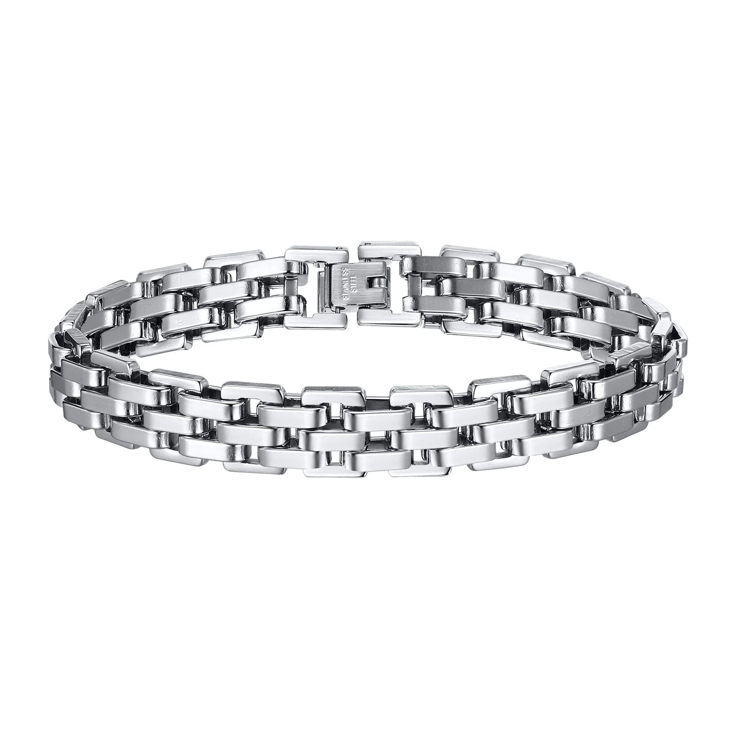 Vnox 11mm Watchband Shaped Chain Bracelet for Men Teens Boys,Strap Chain Bracelets, Black Silver Color Stainless Steel Wristband