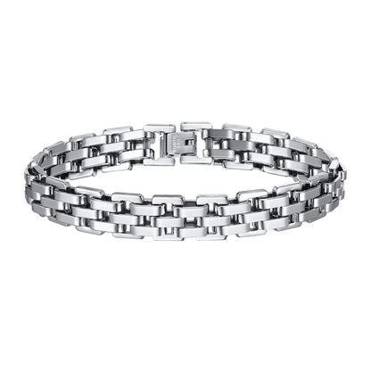 Vnox 11mm Watchband Shaped Chain Bracelet for Men Teens Boys,Strap Chain Bracelets, Black Silver Color Stainless Steel Wristband