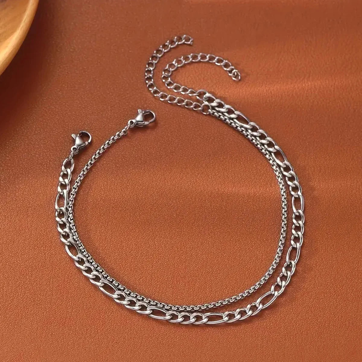 2PCS Simple Gold Plated Silver Color Chain Bracelets Set for Men Metal Casual Street Dailywear Bracelet Jewelry