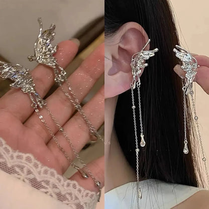 1Pair Earrings for Women Elegant Elf Butterfly Long Tassel Clip Wed Bridal Retro Kpop No Piercing Earbone Ear Cuff Jewelry Gift