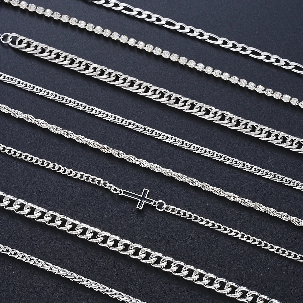 8Pcs Stainless Steel Cross Cuban Bracelets For Men Women Punk Silver Color Crystal Twist Chain Bracelet Daily Wear Fashion