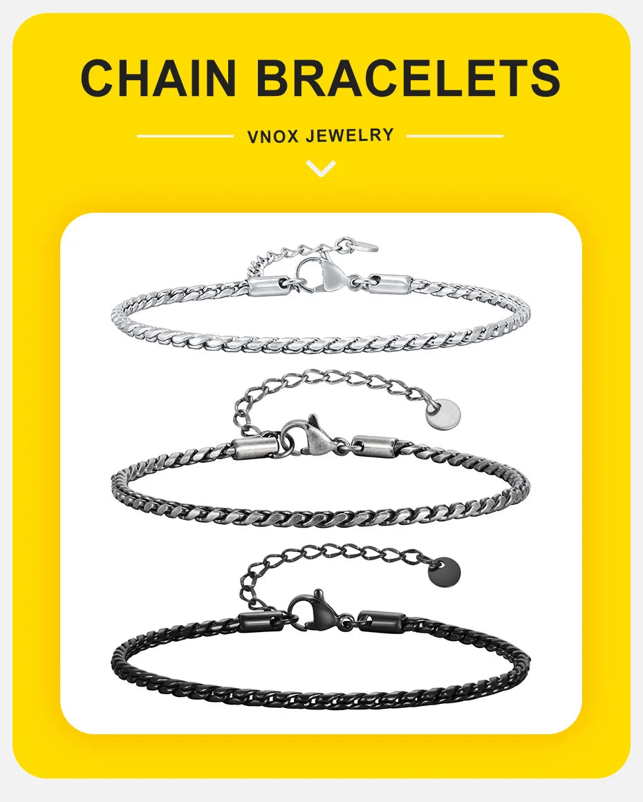 Vnox Slim 2.5mm Snake Links Bracelets for Men Teens Boys,Adjustable Stainless Steel Twisted Chain Bracelets,Simple Metal Jewelry