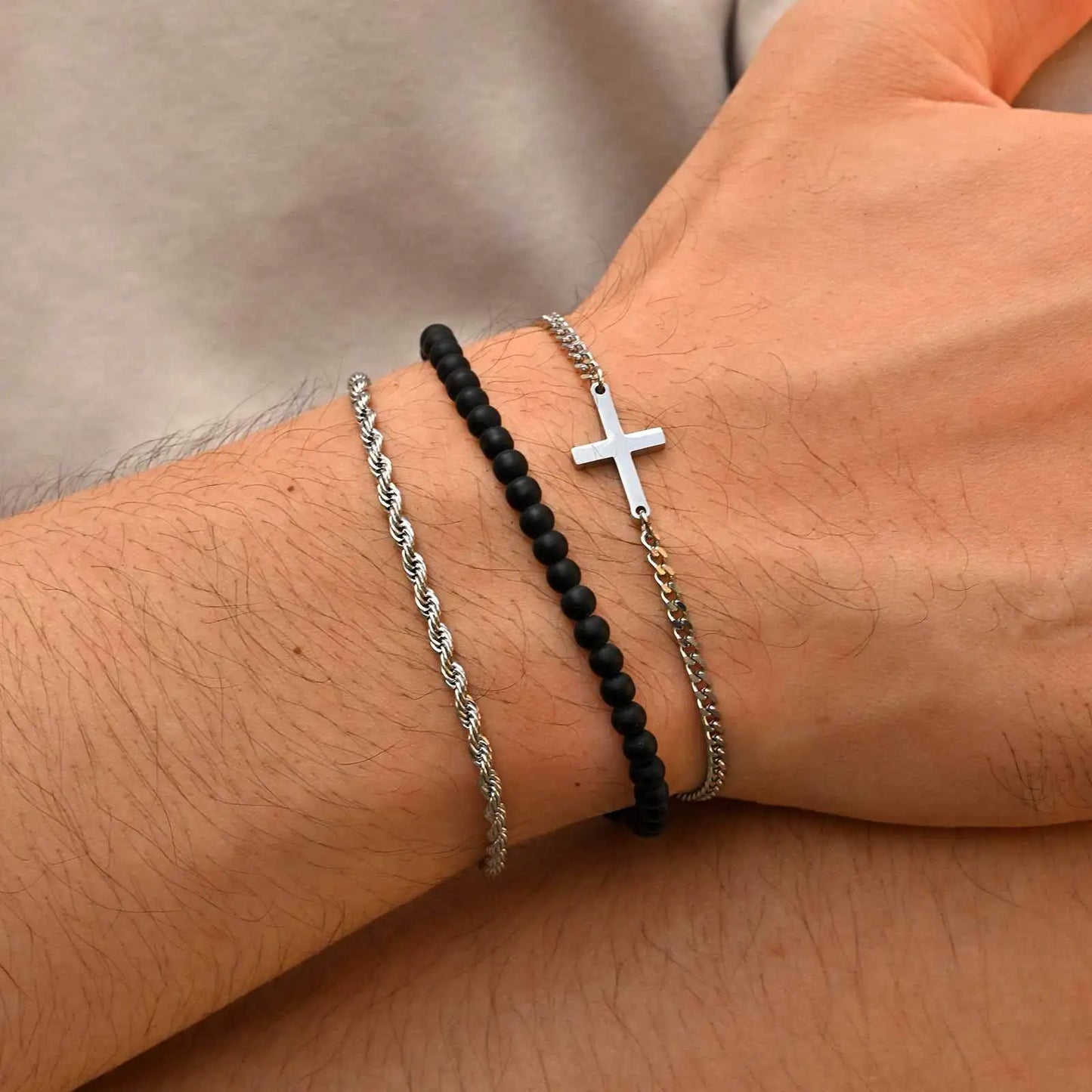 3pcs Stainless Steel Stacked Chain Link Cross Men's Bracelet