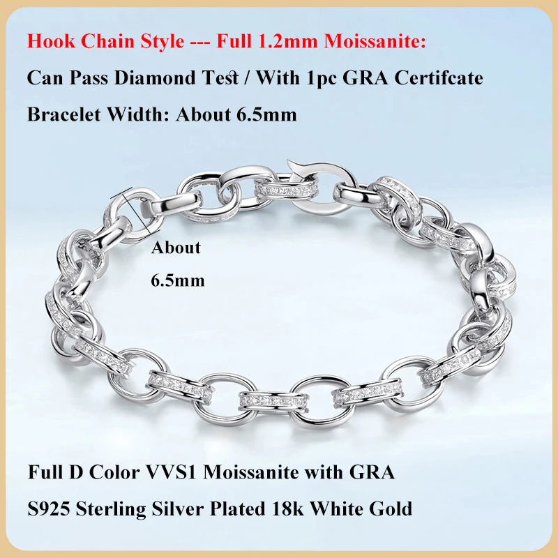 EWYA Full Moissanite Diamond Hook Link Chain Bracelet 1.2mm D Color For Woman Man S925 GRA Certified Couple Bracelets Bangle