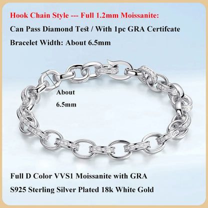 EWYA Full Moissanite Diamond Hook Link Chain Bracelet 1.2mm D Color For Woman Man S925 GRA Certified Couple Bracelets Bangle