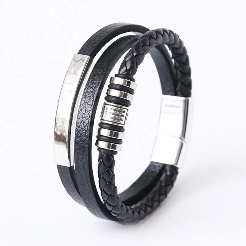 Trendy Leather Stainl ess Steel Bracelet