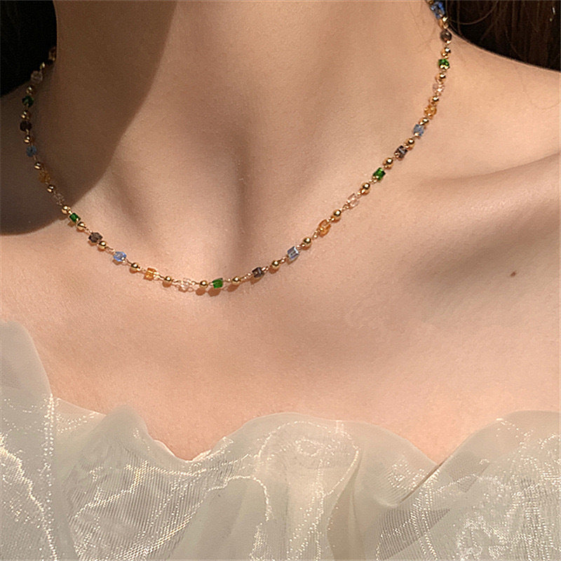 Fashion  Emerald Inlaid Rhinestone Choker Necklace for Women Girls Delicate Gold Color Clavicle Chain Necklace Jewelry Gift