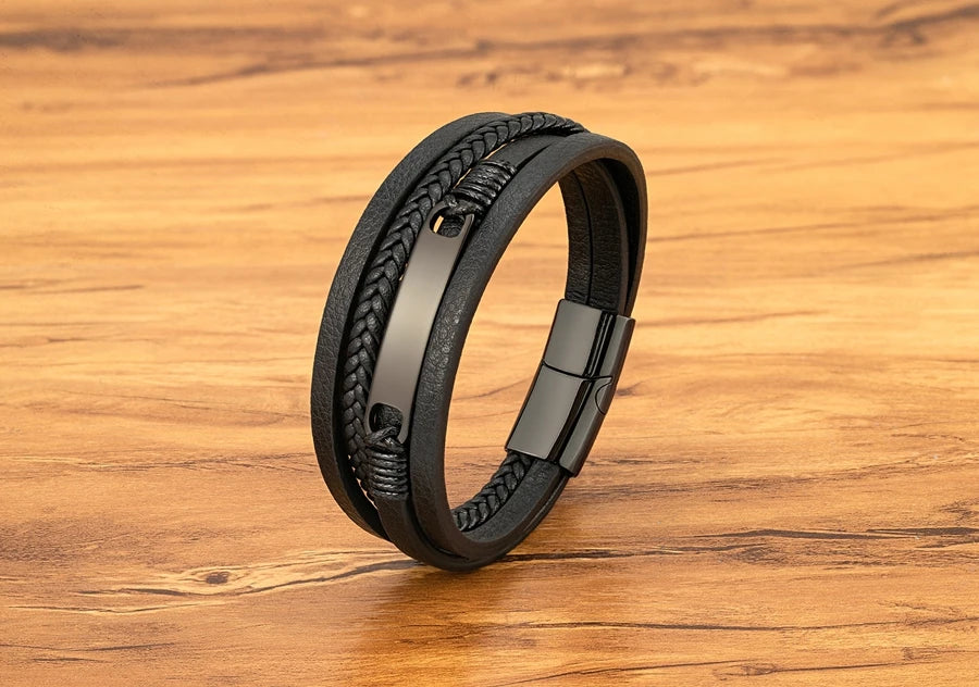 Multi-layer Braided Leather Stainless Steel Wrap Men's Bracelet