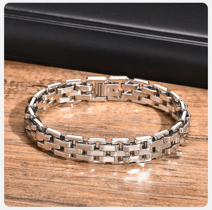 Vnox 11mm Watchband Shaped Chain Bracelet for Men Teens Boys,Strap Chain Bracelets, Black Silver Color Stainless Steel Wristband