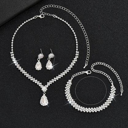 Water Drop Luxury Bridal Jewelry Set Elegant Exquisite Necklace Earring Set Temperament Zircon Rhinestone Bracelet Banquet