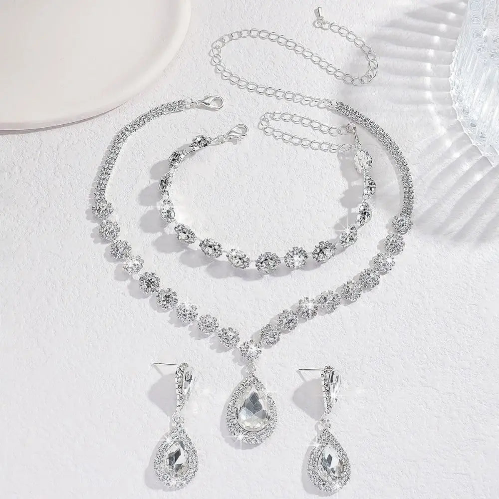 Water Drop Crystal Rhinestone Jewelry Set Diamond Bracelet Exquisite Tassels Earrings Luxury Shining Necklace Women
