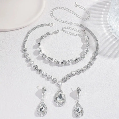 Water Drop Crystal Rhinestone Jewelry Set Diamond Bracelet Exquisite Tassels Earrings Luxury Shining Necklace Women
