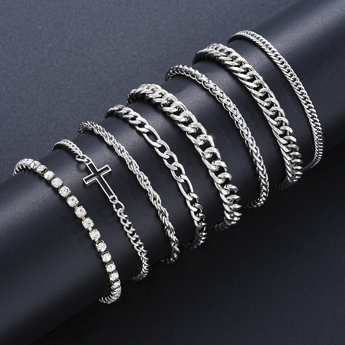 8Pcs Stainless Steel Cross Cuban Bracelets For Men Women Punk Silver Color Crystal Twist Chain Bracelet Daily Wear Fashion