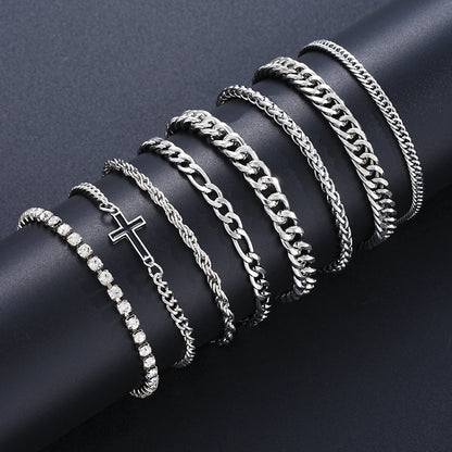 8Pcs Stainless Steel Cross Cuban Bracelets For Men Women Punk Silver Color Crystal Twist Chain Bracelet Daily Wear Fashion