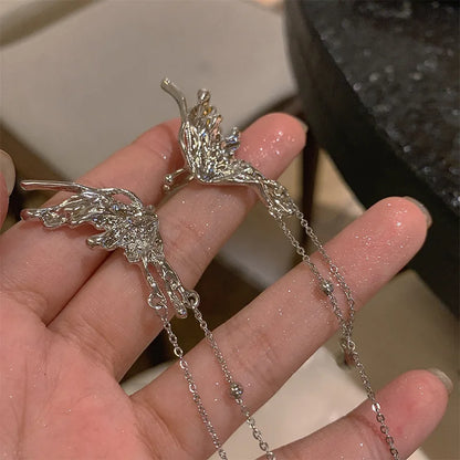 1Pair Earrings for Women Elegant Elf Butterfly Long Tassel Clip Wed Bridal Retro Kpop No Piercing Earbone Ear Cuff Jewelry Gift