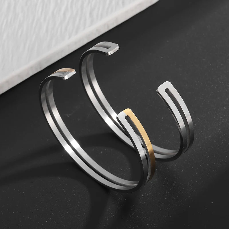 Double-Layer Glossy Titanium Steel Cuff Bracelet for Men's & Women's