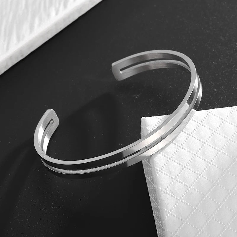 Double-Layer Glossy Titanium Steel Cuff Bracelet for Men's & Women's