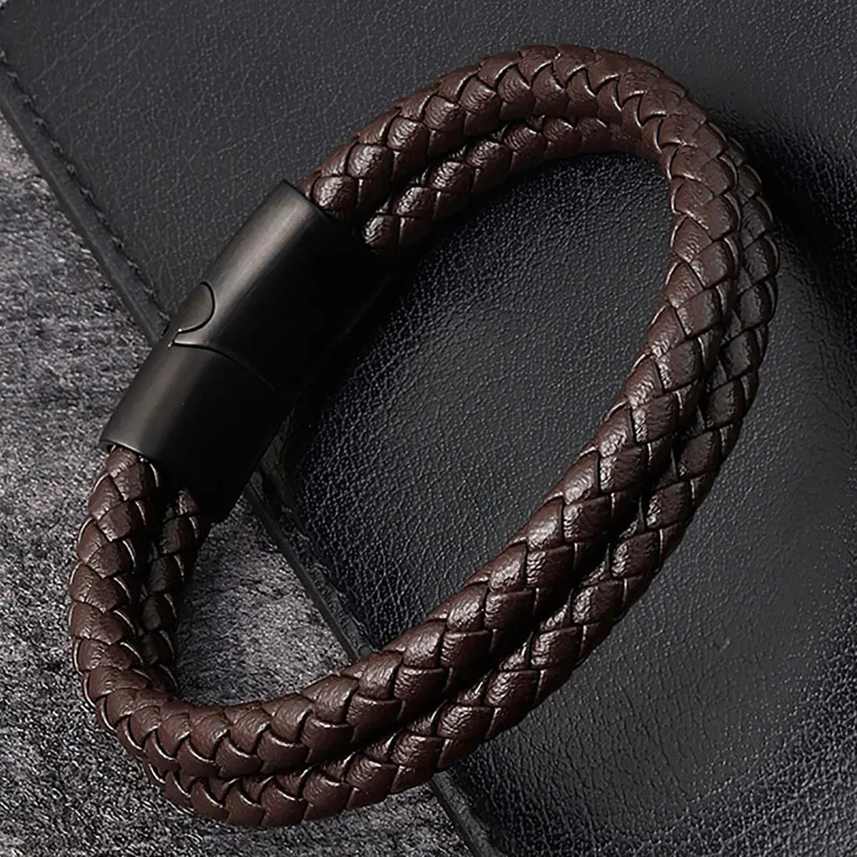 Men Black Blue Braided Genuine Leather Bracelet Double Band Bangle