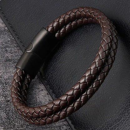 Men Black Blue Braided Genuine Leather Bracelet Double Band Bangle