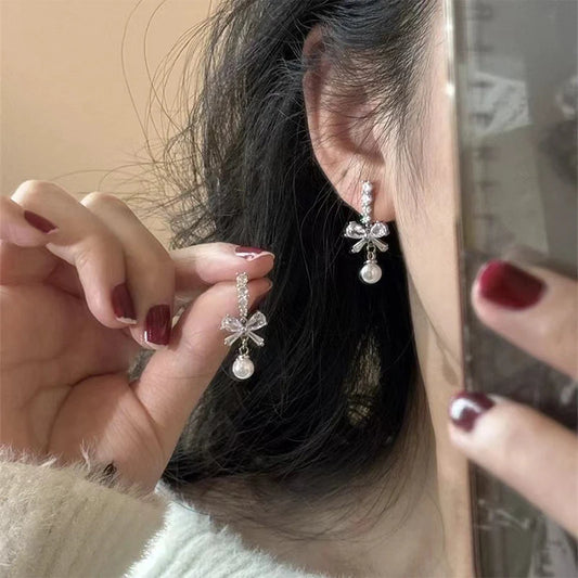 1Pair Exquisite Bow Pearl Dangle Earrings For Women Girls Fashion Sweet Stud Earrings Wedding Party Jewelry Accessories Gifts