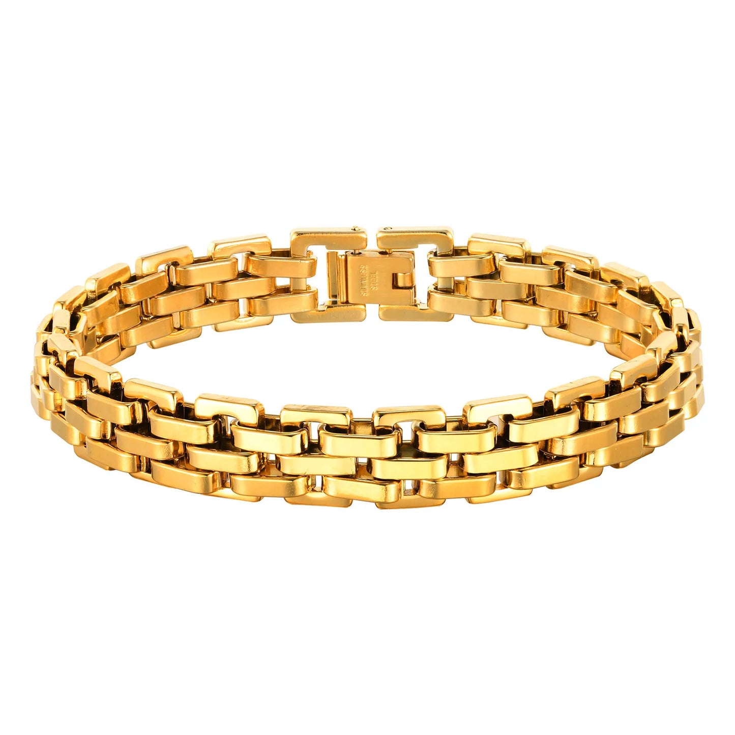 Vnox 11mm Watchband Shaped Chain Bracelet for Men Teens Boys,Strap Chain Bracelets, Black Silver Color Stainless Steel Wristband