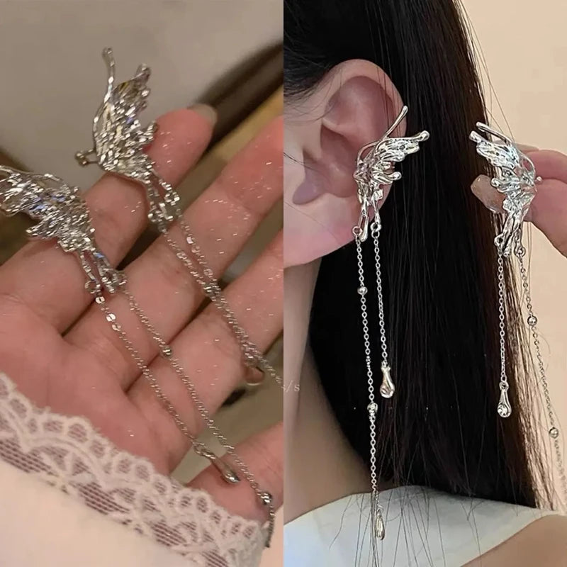1Pair Earrings for Women Elegant Elf Butterfly Long Tassel Clip Wed Bridal Retro Kpop No Piercing Earbone Ear Cuff Jewelry Gift