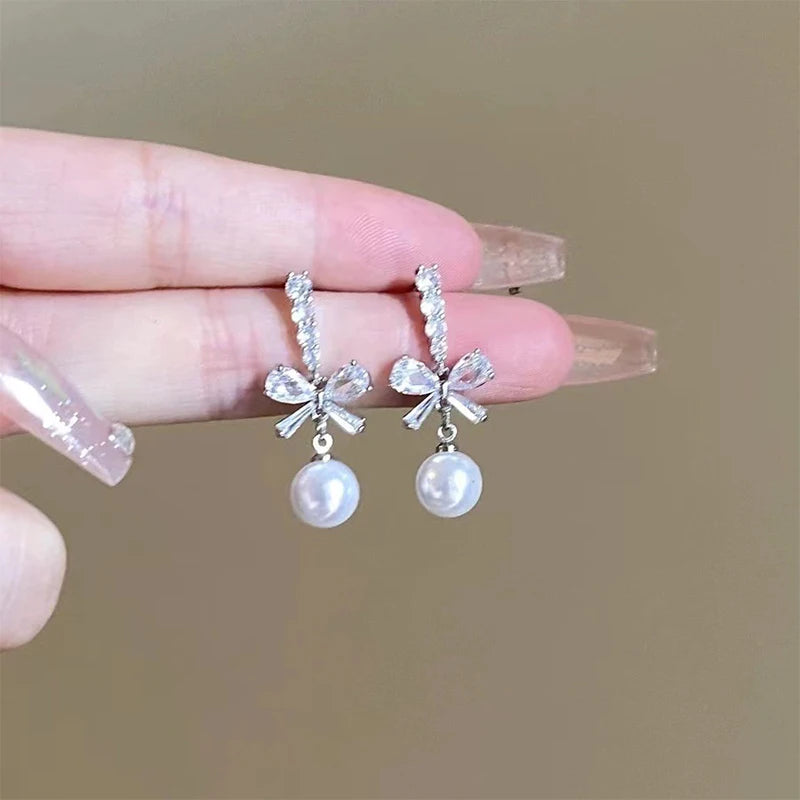 1Pair Exquisite Bow Pearl Dangle Earrings For Women Girls Fashion Sweet Stud Earrings Wedding Party Jewelry Accessories Gifts