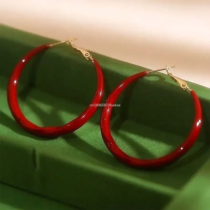 Elegant Red Color Smooth Enamel Hoop Earrings for Women Statement Jewelry Big Metal Circle Earrings Boho сережки с камнем