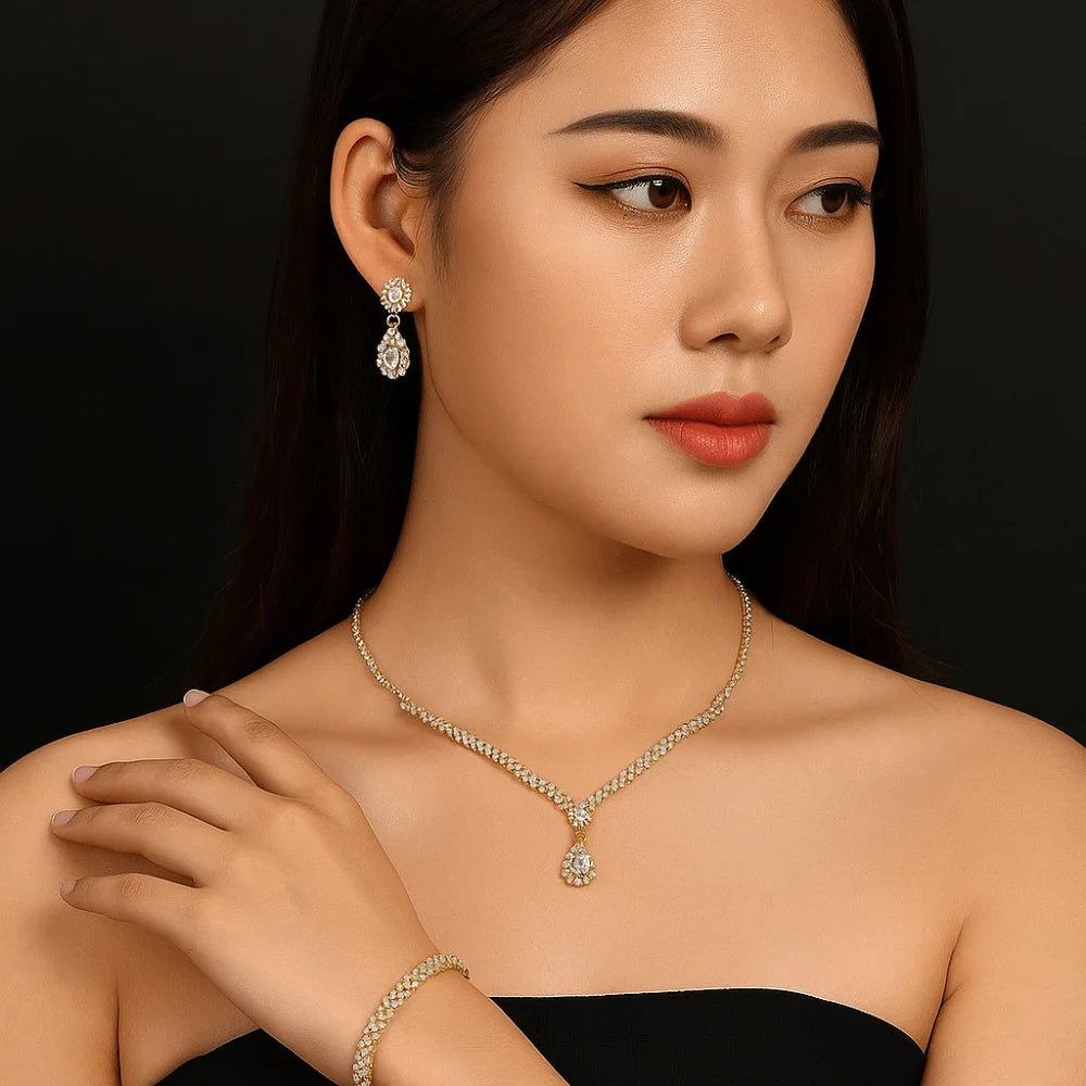 Water Drop Luxury Bridal Jewelry Set Elegant Exquisite Necklace Earring Set Temperament Zircon Rhinestone Bracelet Banquet