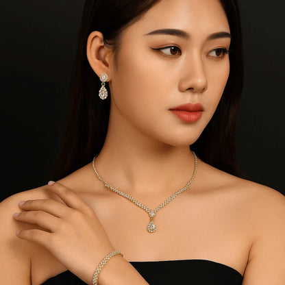 Water Drop Luxury Bridal Jewelry Set Elegant Exquisite Necklace Earring Set Temperament Zircon Rhinestone Bracelet Banquet