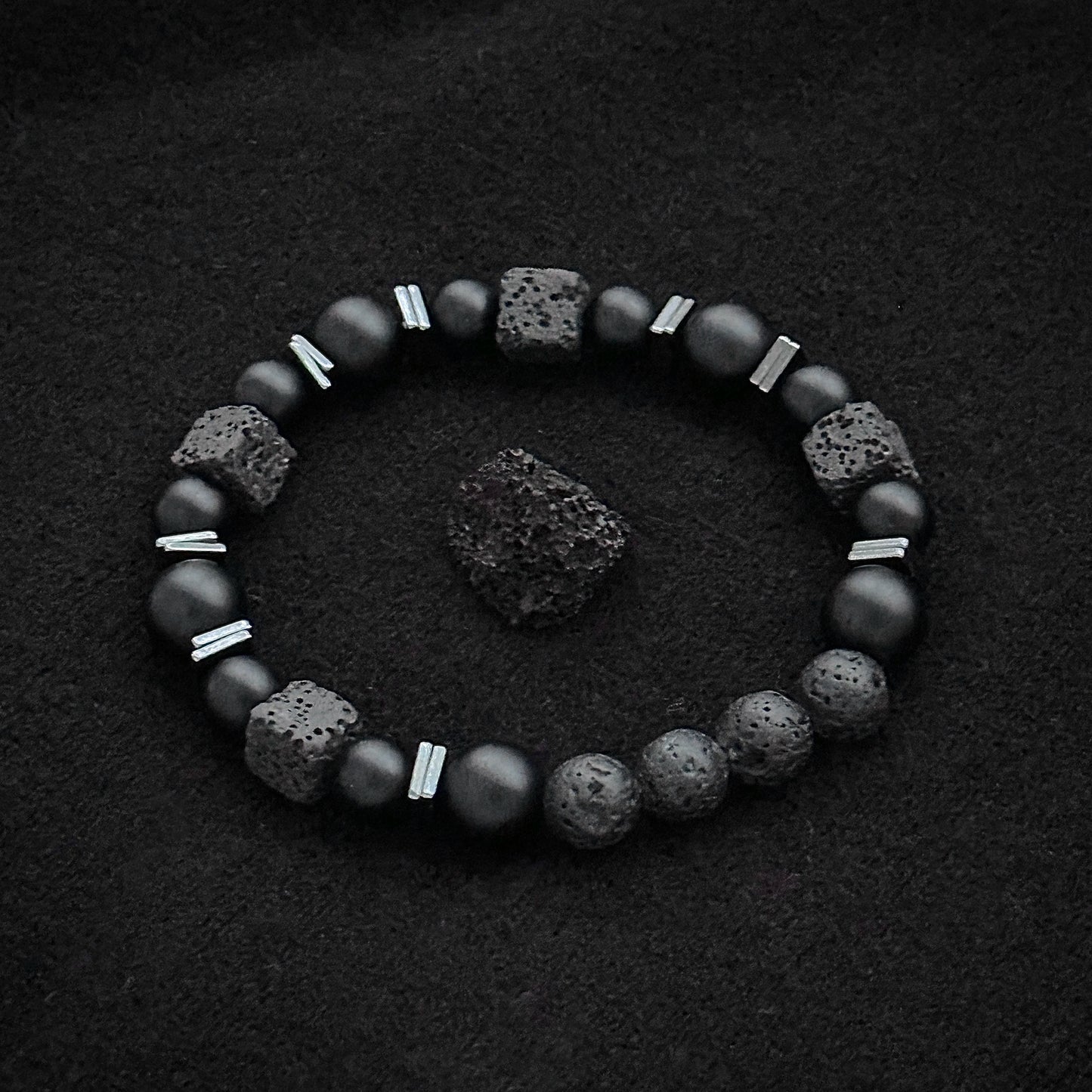 Natural Matte Black Onyx with Cube Lava Bracelet