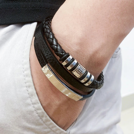Trendy Leather Stainl ess Steel Bracelet