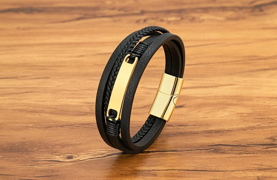 Multi-layer Braided Leather Stainless Steel Wrap Men's Bracelet
