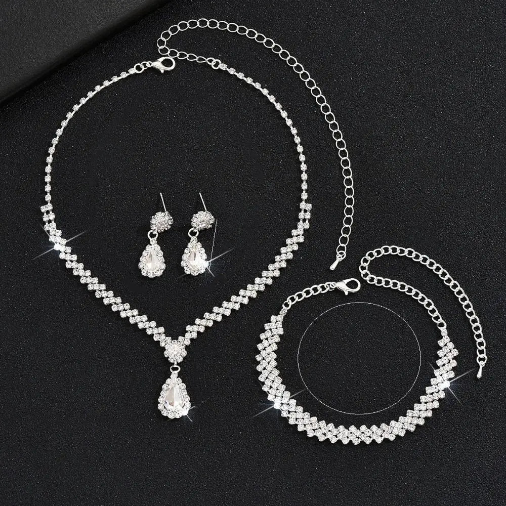 Water Drop Luxury Bridal Jewelry Set Elegant Exquisite Necklace Earring Set Temperament Zircon Rhinestone Bracelet Banquet