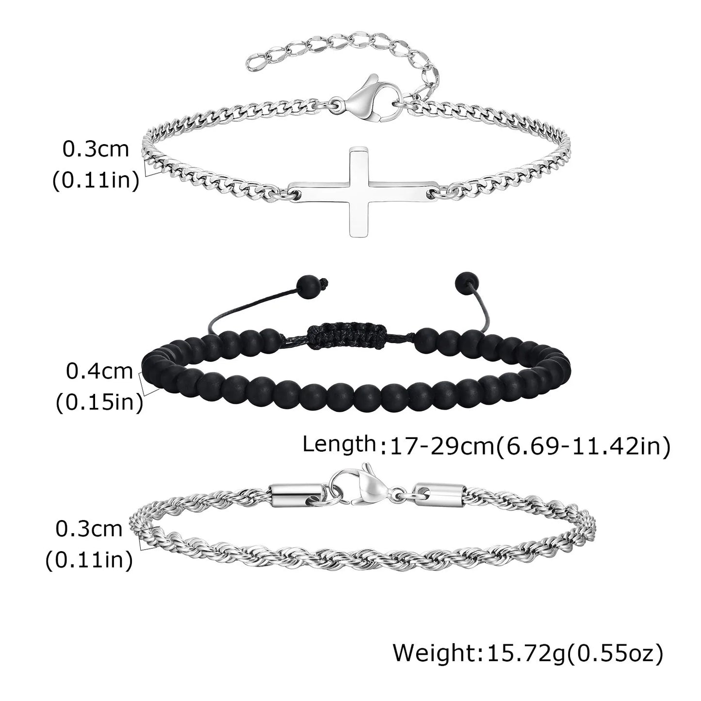 3pcs Stainless Steel Stacked Chain Link Cross Men's Bracelet