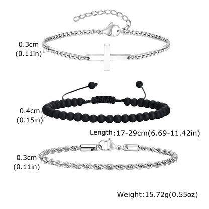 3pcs Stainless Steel Stacked Chain Link Cross Men's Bracelet