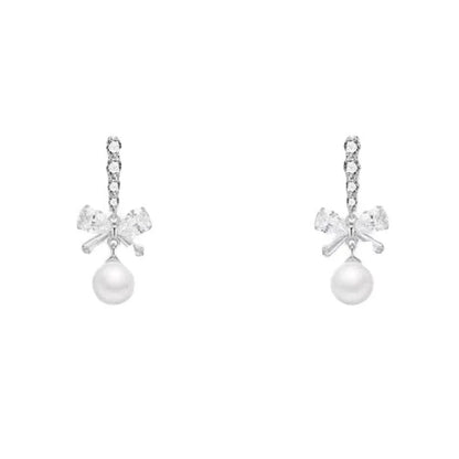 1Pair Exquisite Bow Pearl Dangle Earrings For Women Girls Fashion Sweet Stud Earrings Wedding Party Jewelry Accessories Gifts