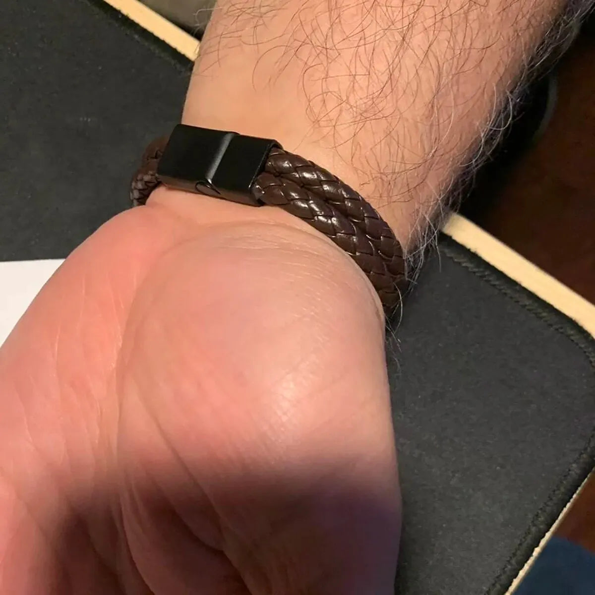 Men Black Blue Braided Genuine Leather Bracelet Double Band Bangle