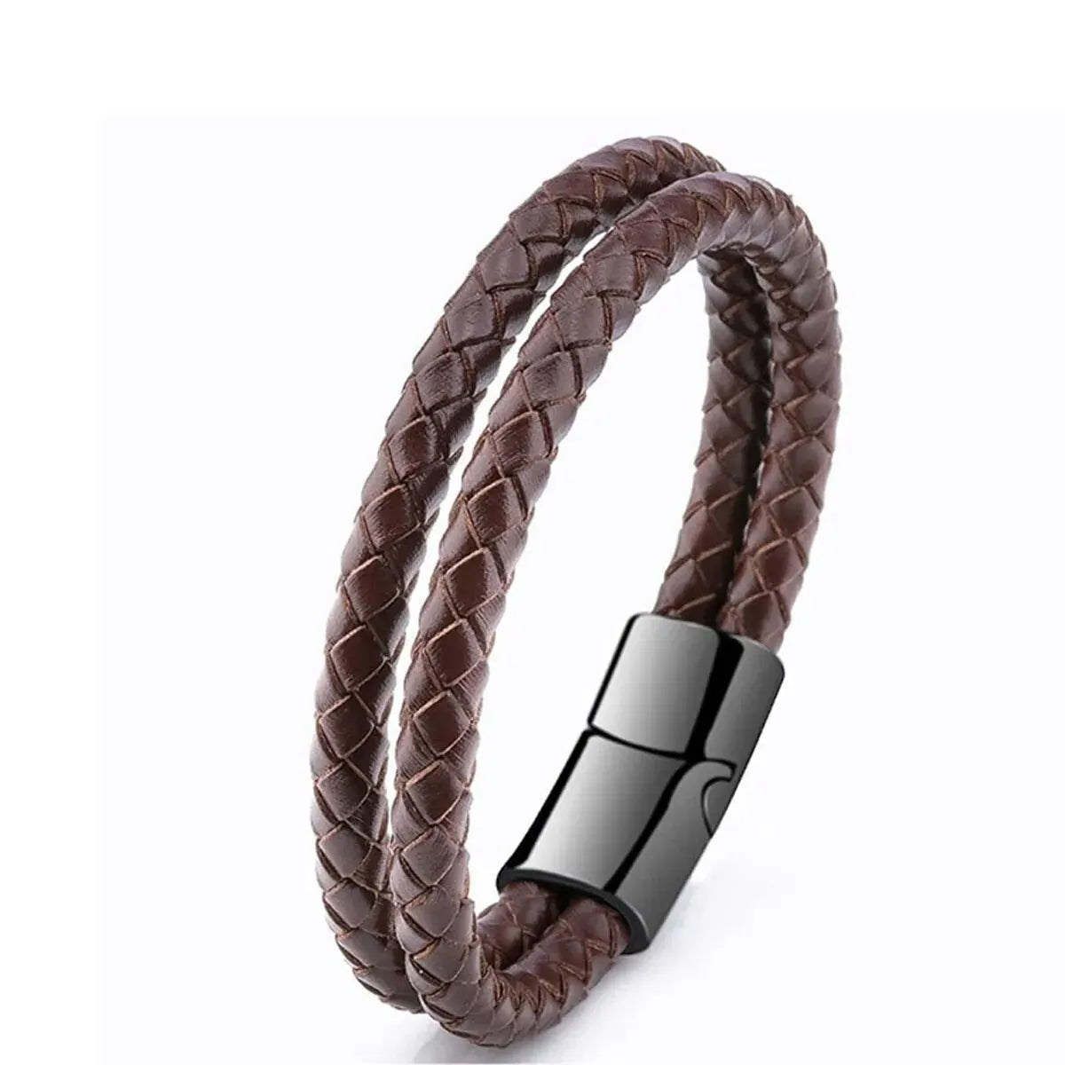 Men Black Blue Braided Genuine Leather Bracelet Double Band Bangle