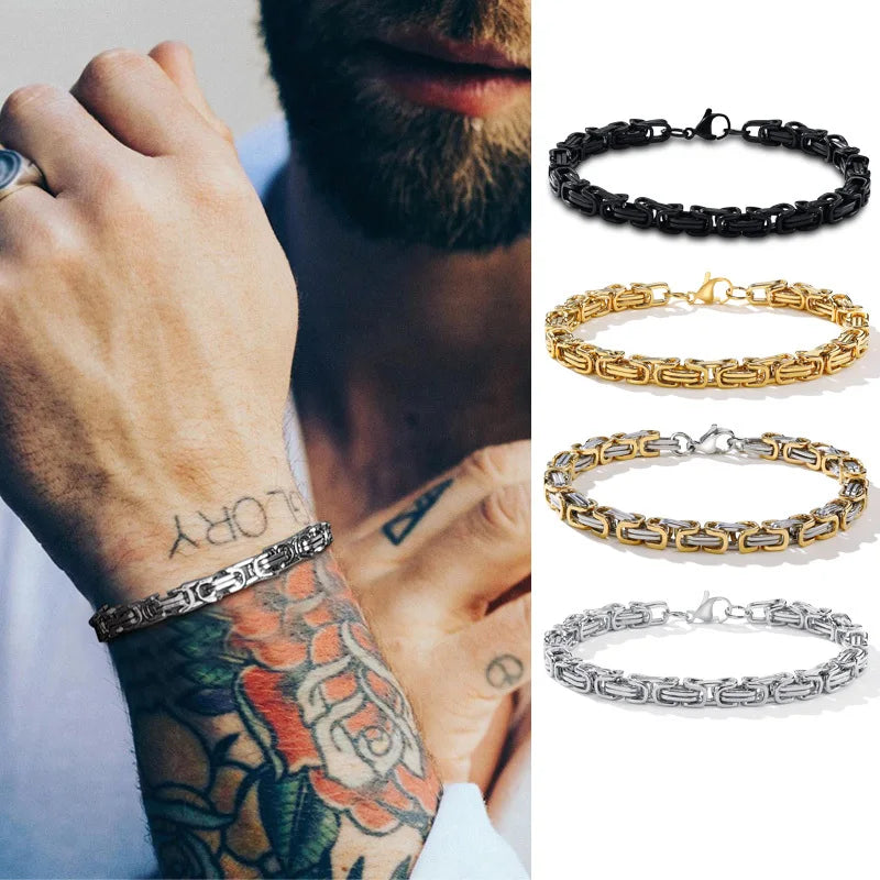 Men's Byzantine Chain Bracelet for Boys, 4/5/6/8MM Wide Stainless Steel Link Wristband,Gifts for Him