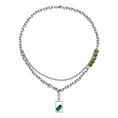 Double Layer Stainless Steel Men's Necklace with Green Pendant