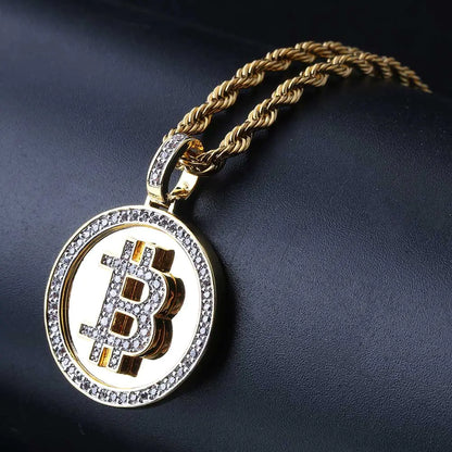 Men's Hip Hop Bitcoin Pendant Necklace with Zirconia