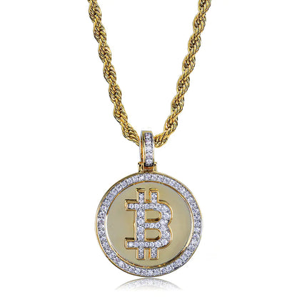 Men's Hip Hop Bitcoin Pendant Necklace with Zirconia
