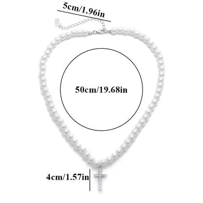 Men's Retro Imitation Pearl Rhinestone Cross Necklace