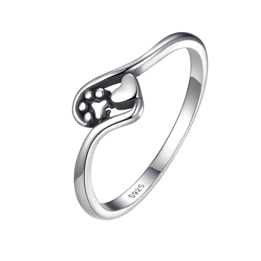 Silver Promise Cute Paw And Heart Design Ring