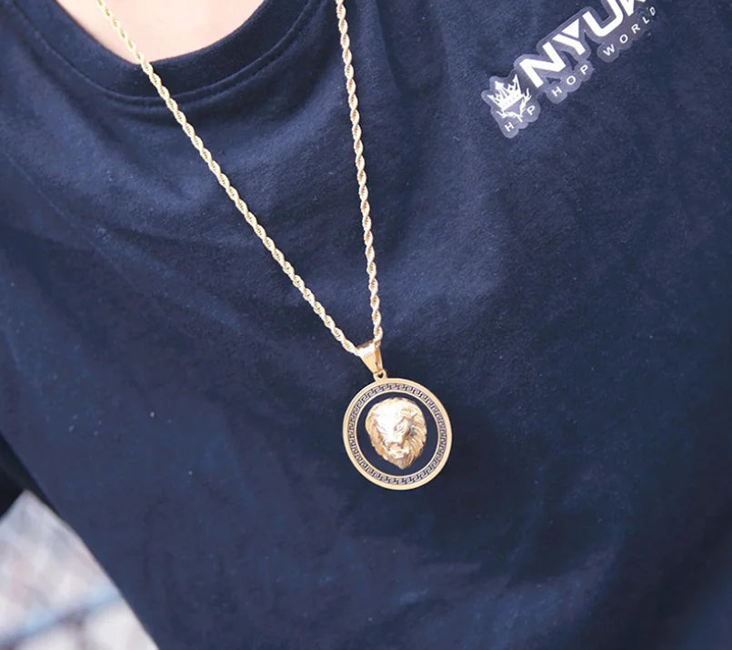 Men's Necklace with Lion Head and Prayer Hand Pendant