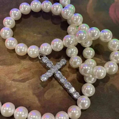 Men's Retro Imitation Pearl Rhinestone Cross Necklace