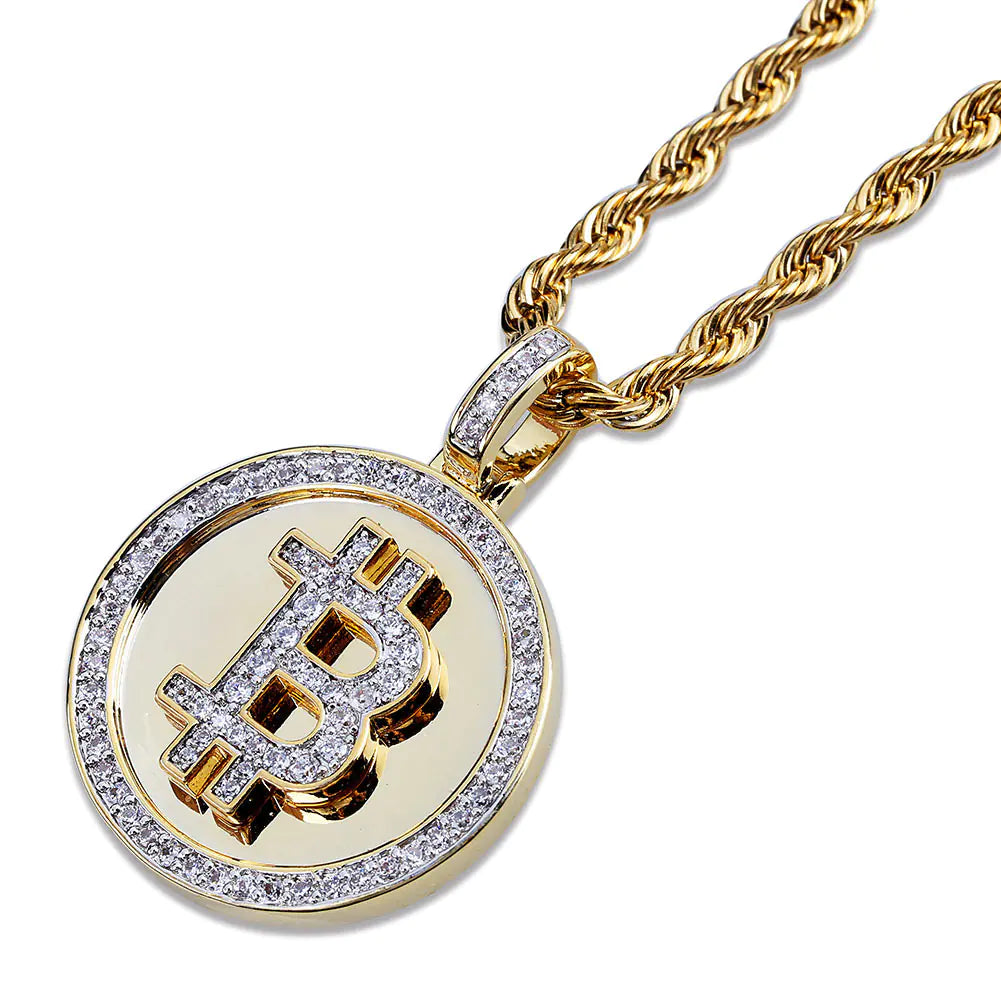 Men's Hip Hop Bitcoin Pendant Necklace with Zirconia